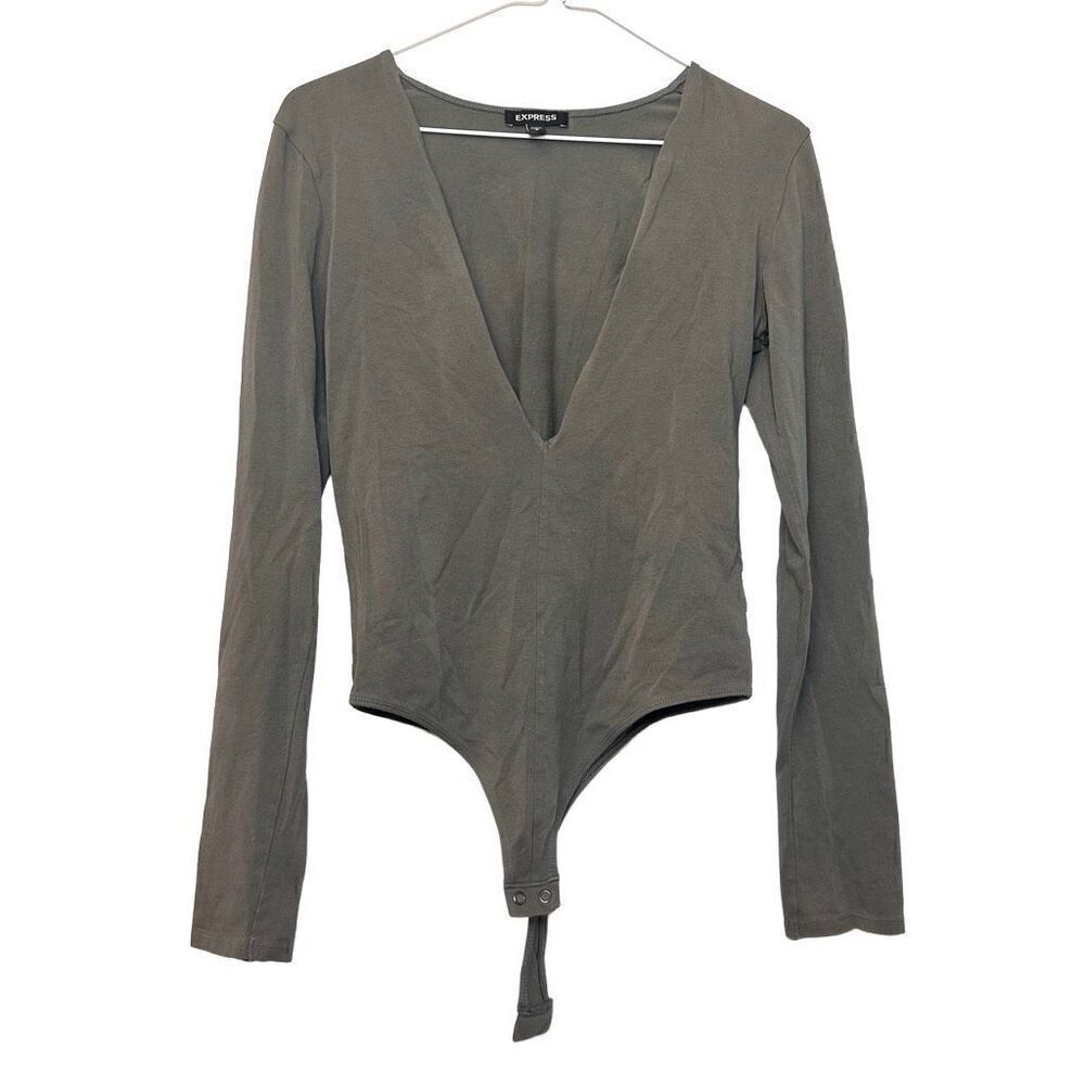 Express Plunge V-Neck Long Sleeve Velour Bodysuit Olive Green Medium